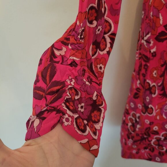 Maeve Anthro Floral Wrap Mini Dress XS Pink Long Sleeves Groovy Coquette Kawaii - Picture 6 of 8